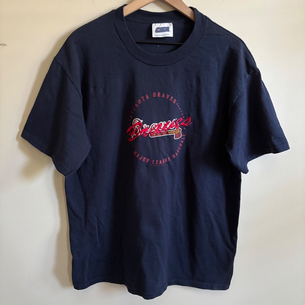 Vintage 2002 Atlanta Braves MLB Embroidered T-Shirt Navy Blue CSA Mens Large